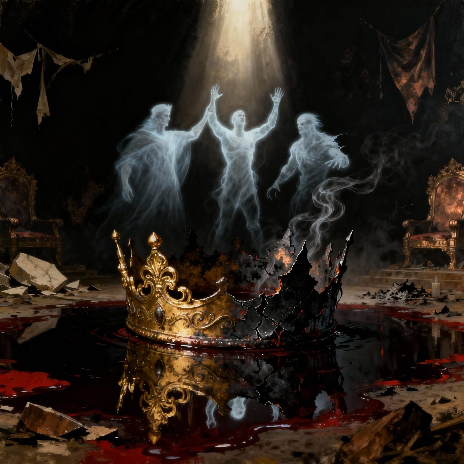 Golden Iron Crown in Blood Pool with Ghostly Reflections