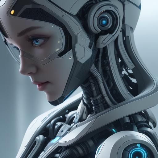 Humanoid Robot Face in Futuristic Cityscape