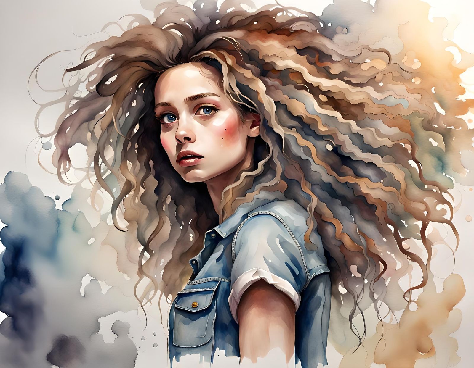 Watercolor Portrait of Girl with Wild Hair