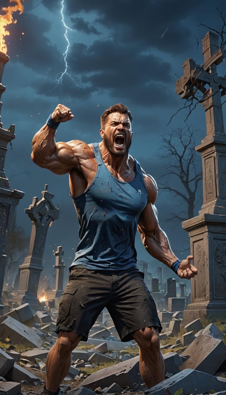 Muscular Man Shouting in Graveyard: Hyperrealistic Digital A...