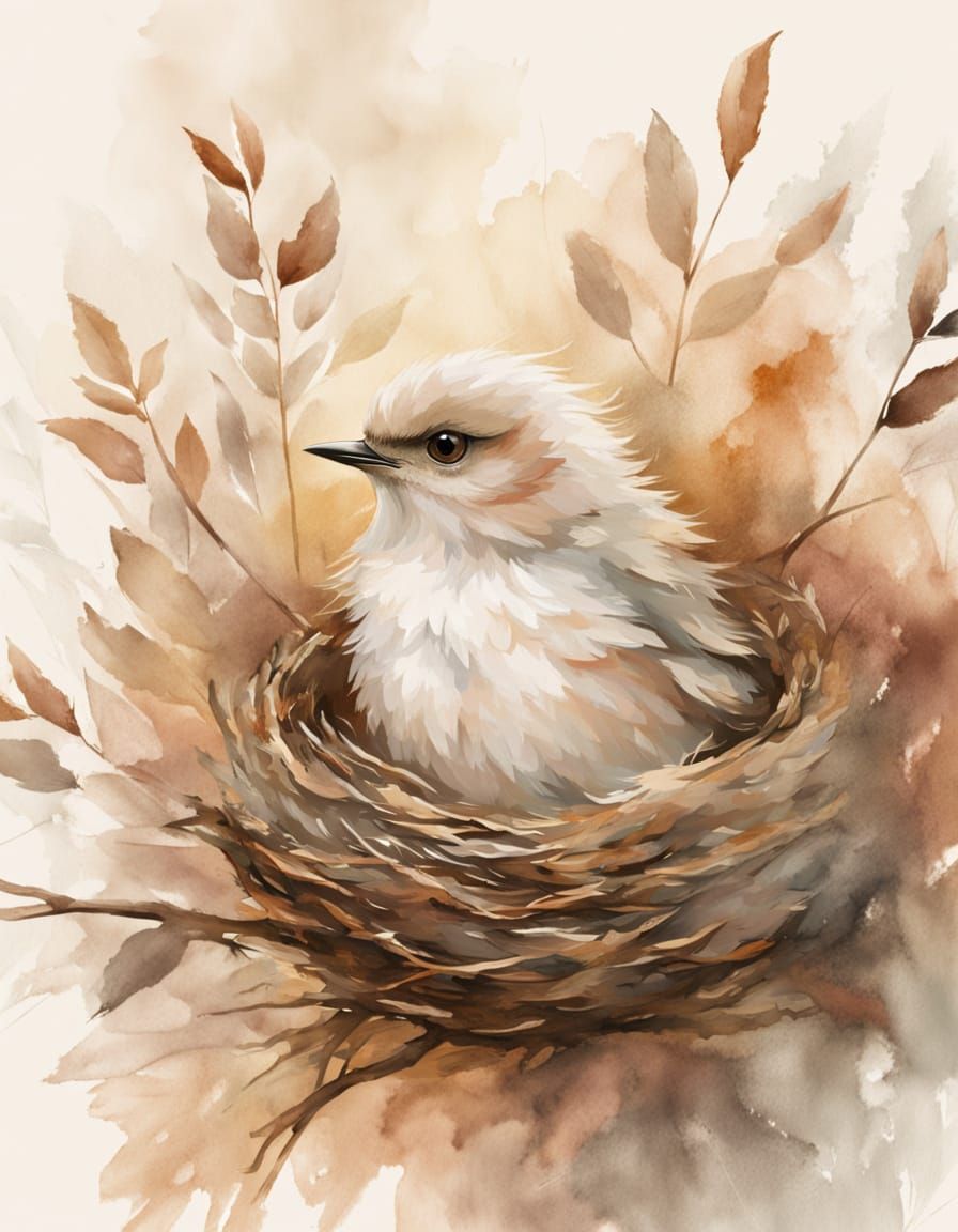 Whimsical Watercolor Portrait of a Baby Bird in a Nest