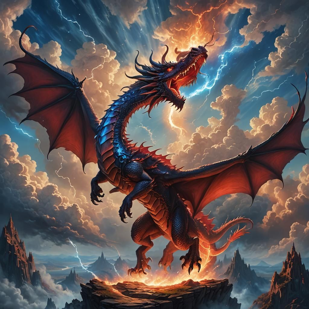 Majestic Red Dragon Soaring in Azure Sky