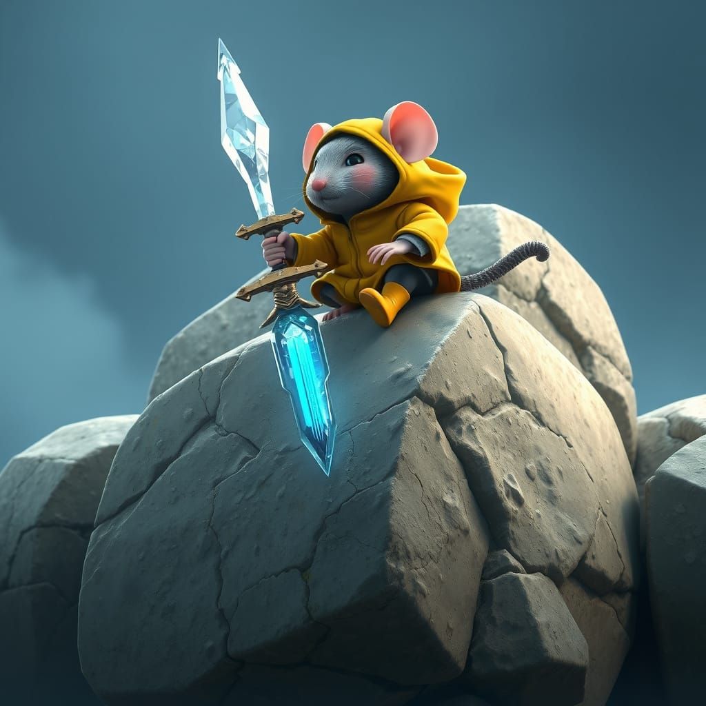 Vibrant Rat Rides Granite Golem, Crystal Sword in Hand