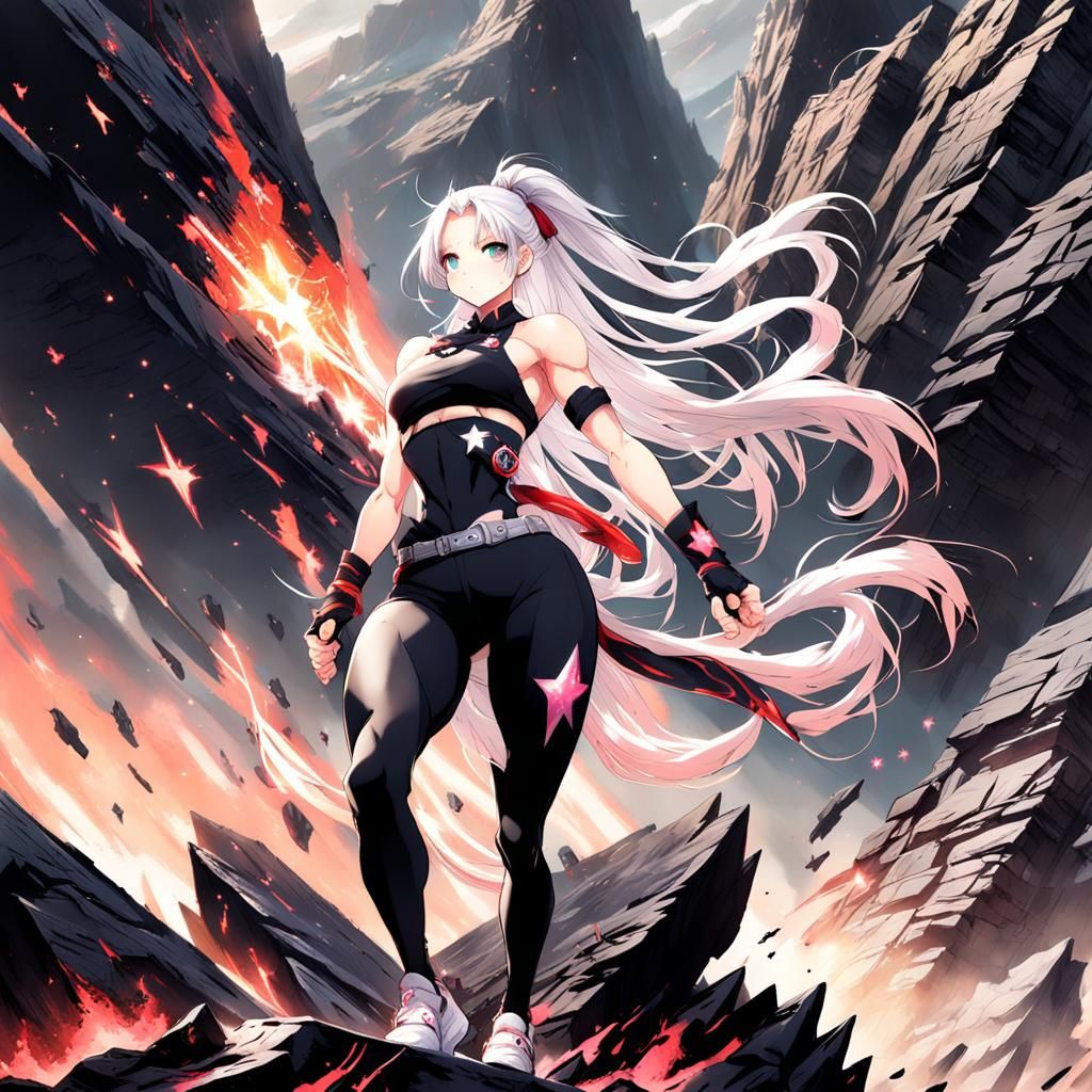 Muscular Woman Climbs Volcano: Anime-Inspired Art