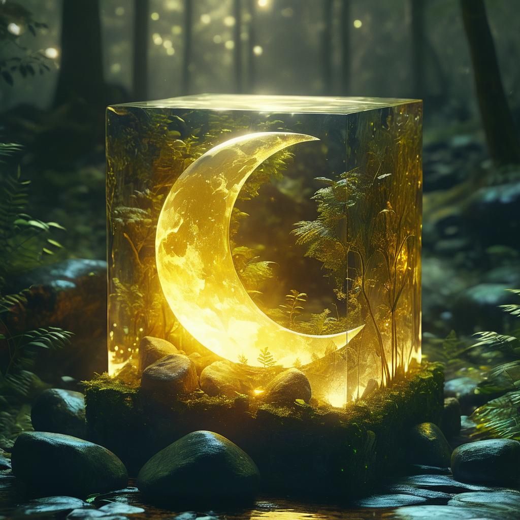 Crescent Moon in Glass Cube, Enchanted Forest Scene