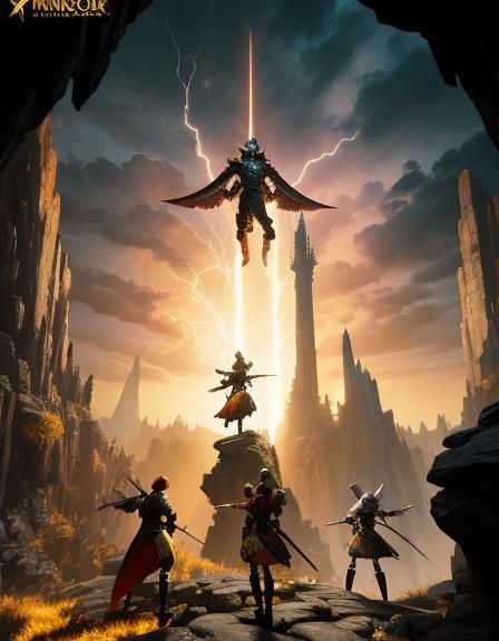 Epic Fantasy Warriors on Stormy Cliff, Oil Painting