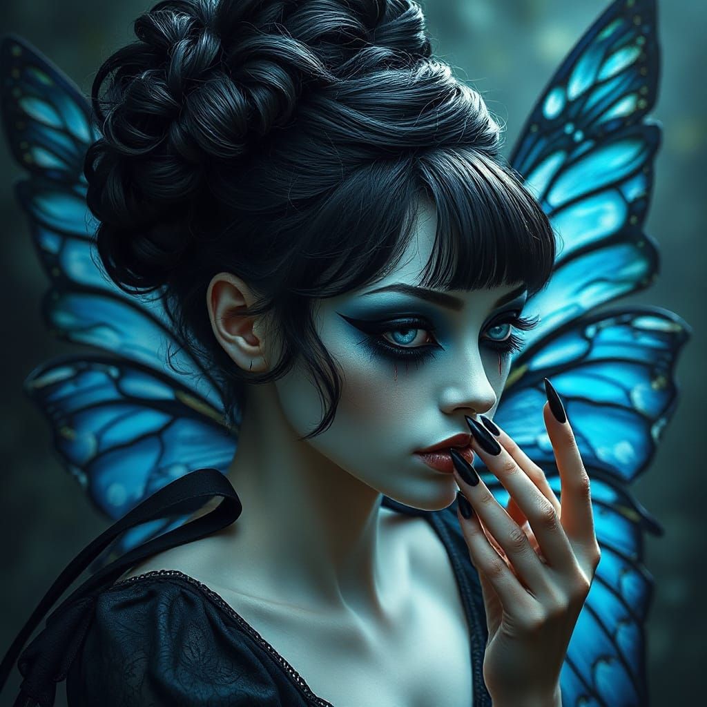 Gothic Fairy with Blue Monarch Butterfly Wings