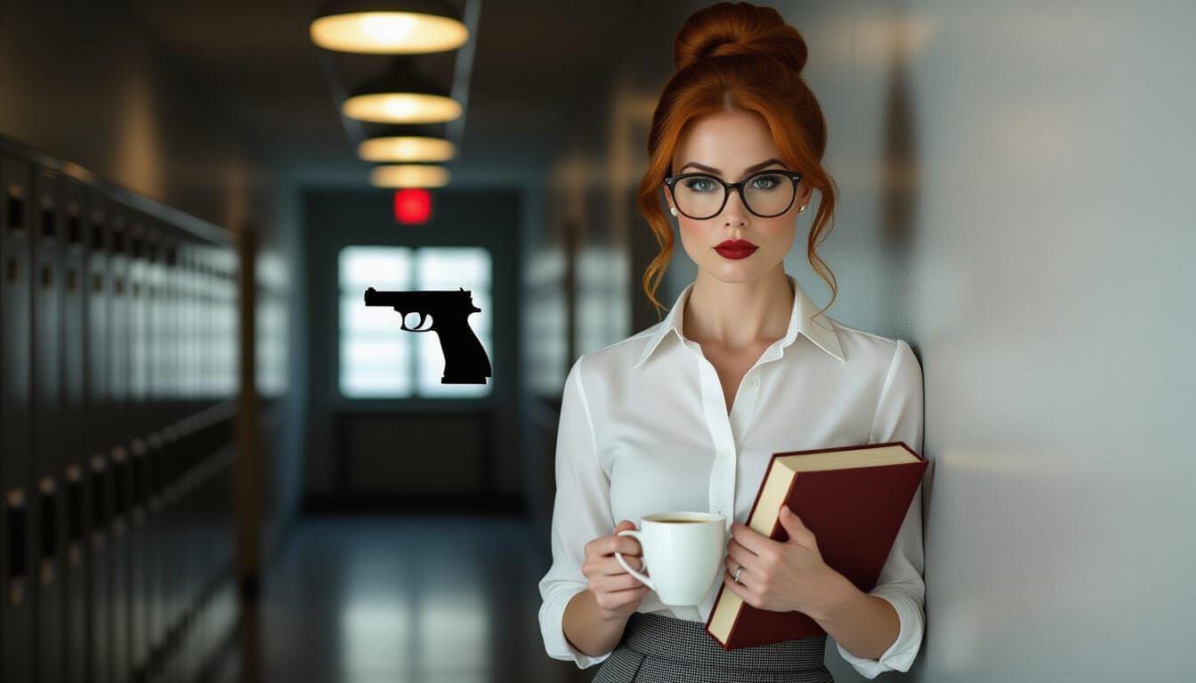 Redhead Scholar with Hidden Pistol in Dark Academic Hallway