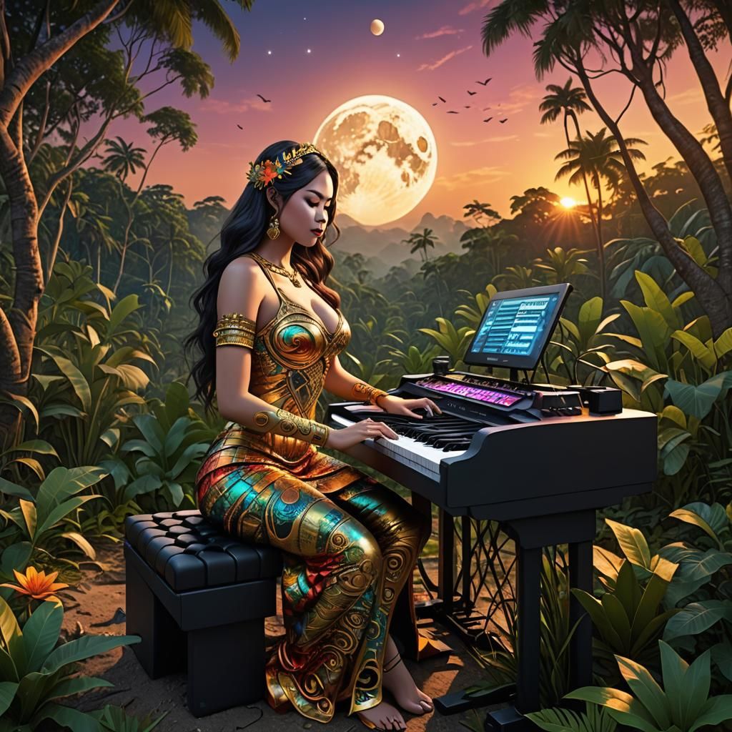 Musical Keyboard on Moon at Jungle Sunset