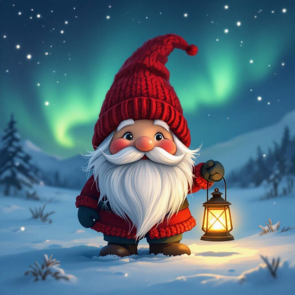 Adorable Arctic Gnome Under Aurora Borealis