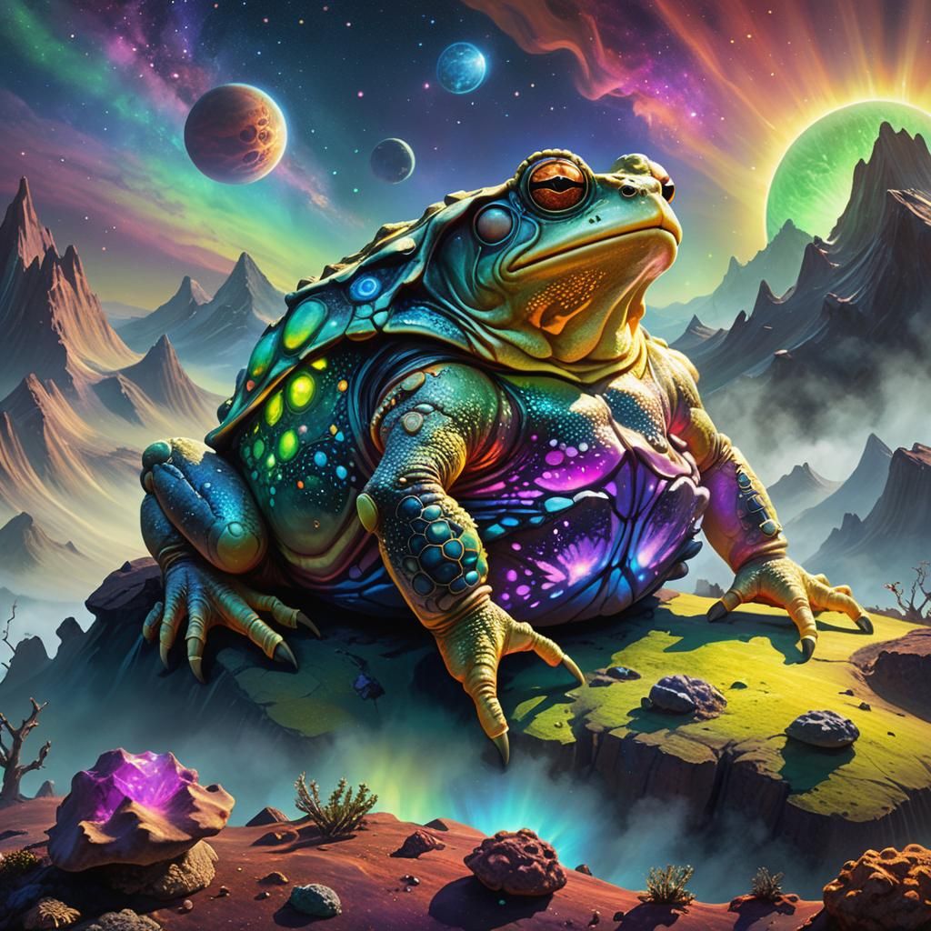 Colossal Alien Toad on Exoplanet in Oil Paint Style