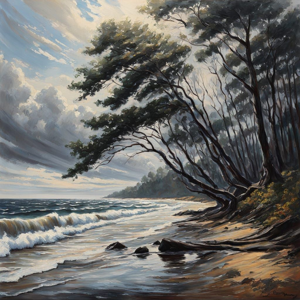 Moody Seascape with Windswept Trees, Oil Painting