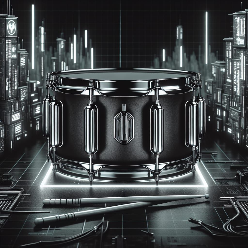 Futuristic Snare Drum in Cyberpunk Style, Black and White