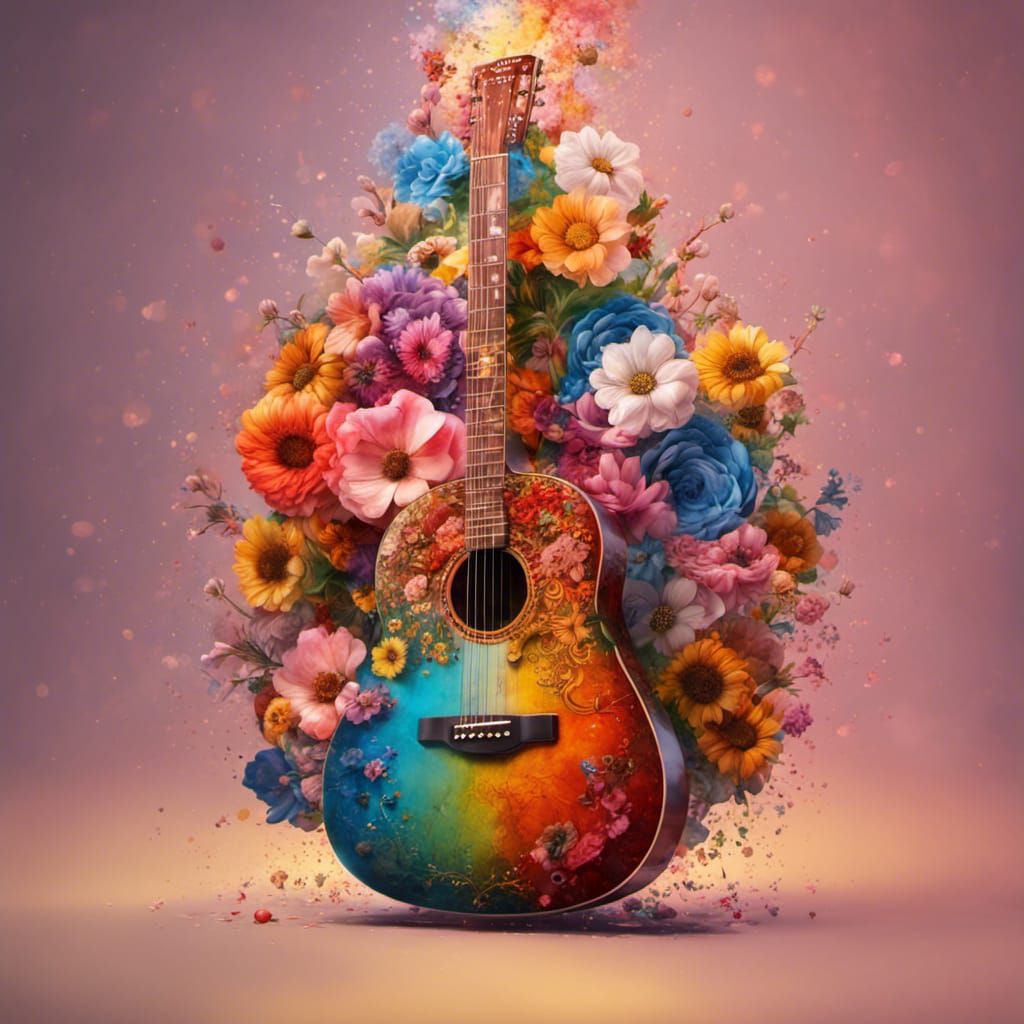 Floral Acoustic Guitar in Splash Art Style