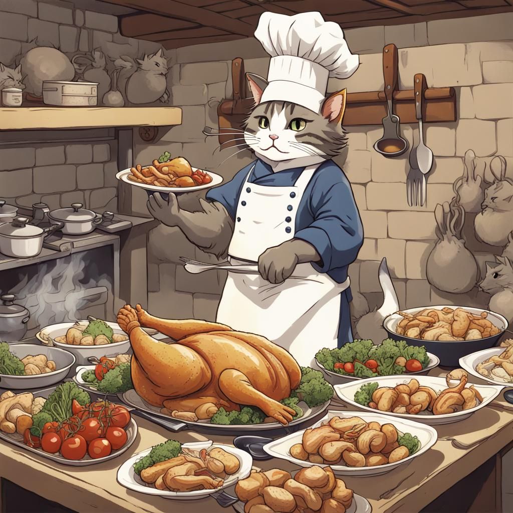Bayeux Tapestry Cat Chef Prepares Chicken Feast
