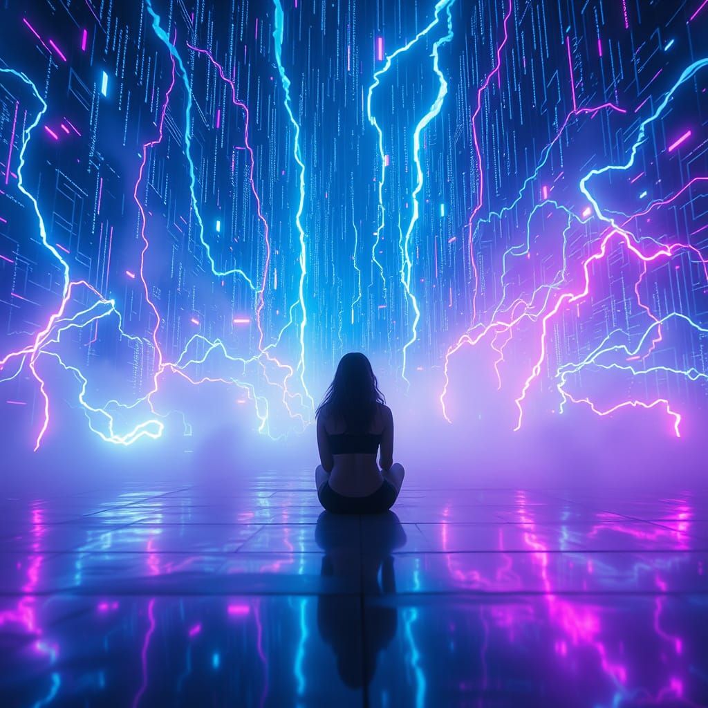 Ethereal Female Figure in Cyber-Magical Storm