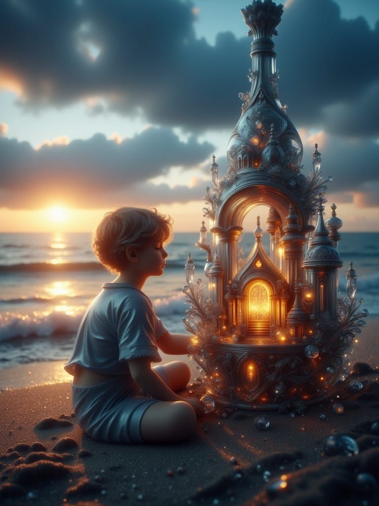 <lora:Glass and Precious:1.0> <lora:Crystal Glass Flux:1.0> Summer Night by the Sea with a closeup of the father and chi...