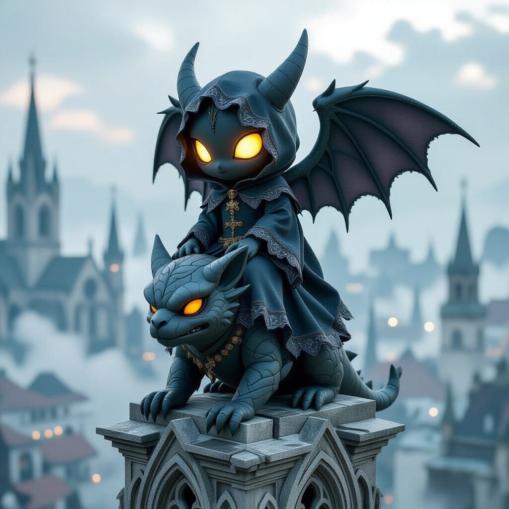 Gothic Angel Plushie Over Cyberpunk Cityscape