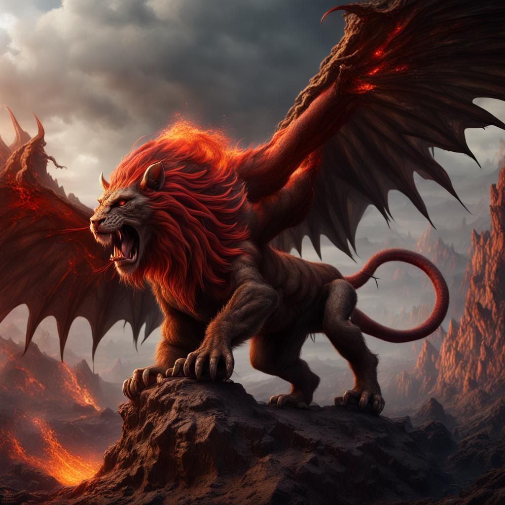 Fearsome Manticore Roaring in Volcanic Landscape