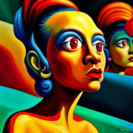 Eccentric Woman with Upright Hair in Vivid Surrealism