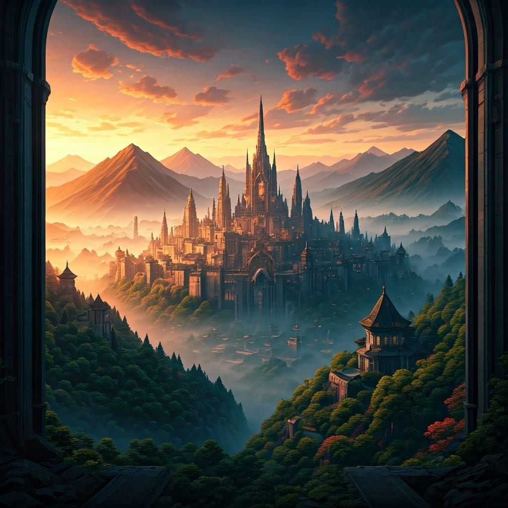 Epic Fantasy Cityscape at Sunset, As Concept Art