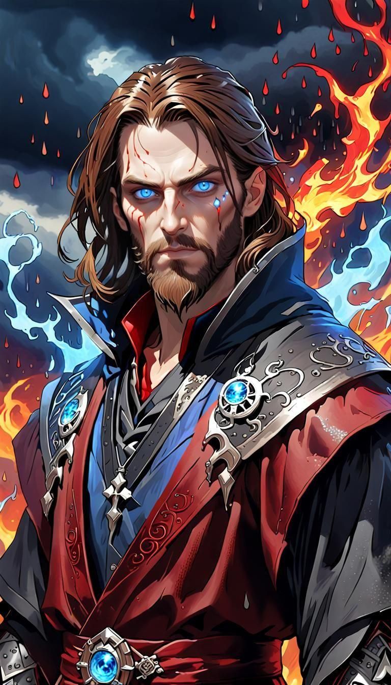 Male Warlock, Well Groomed Beard and long Mahogany Brown Hai...