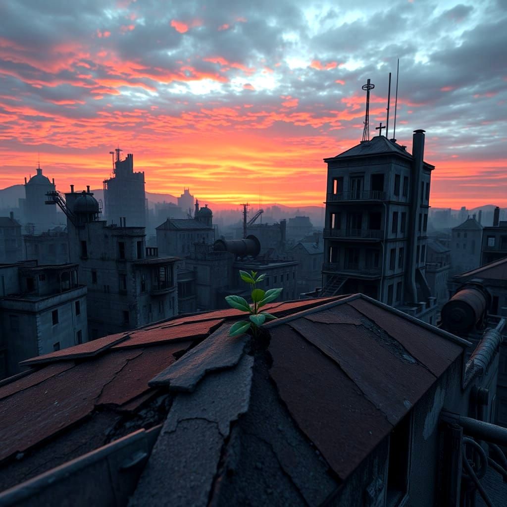 Hope in Desolation: Post-Apocalyptic Scene with Glowing Seed...