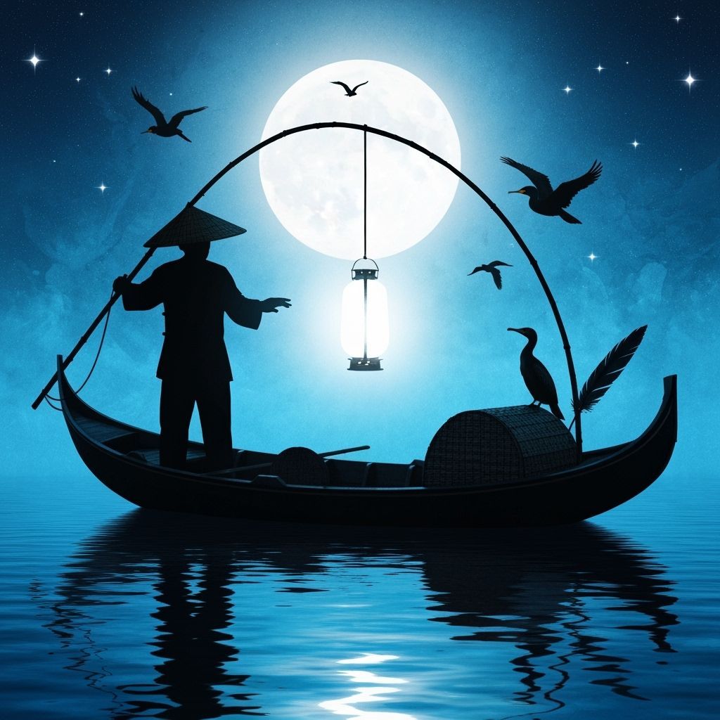Mystical Chinese Fisherman in Moonlit Waters