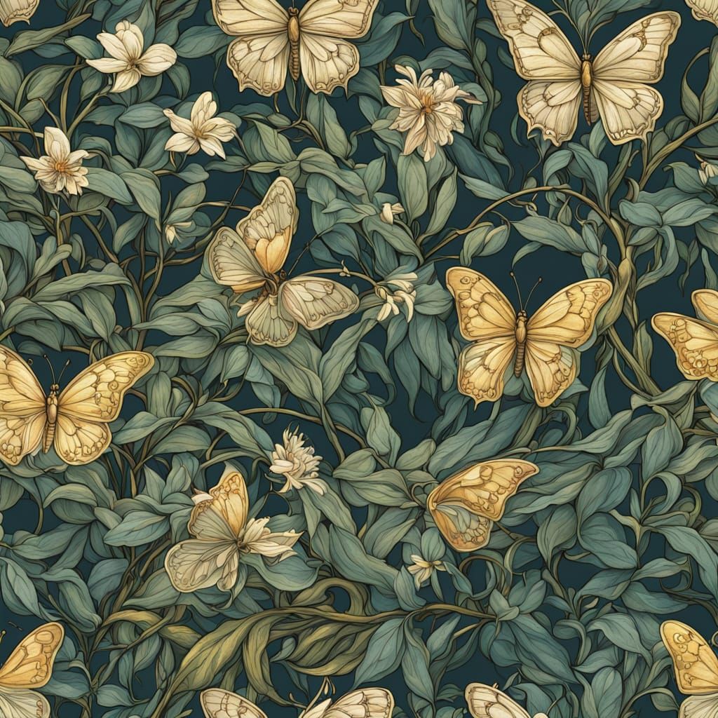 Bioluminescent Butterflies Near Gothic Cathedral in Art Nouv...