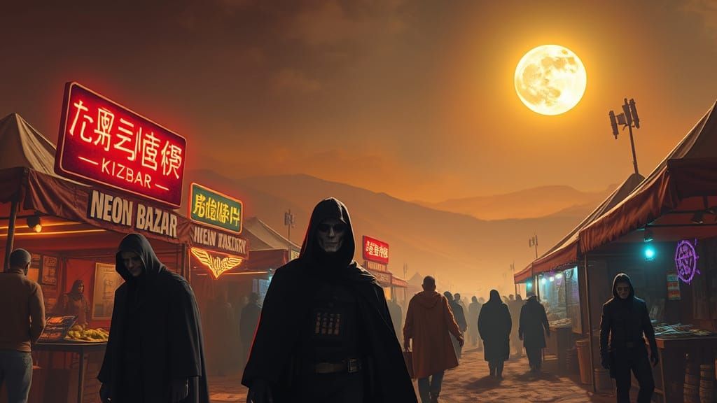 Neon Bazaar: A Desert Marketplace Under the Moon