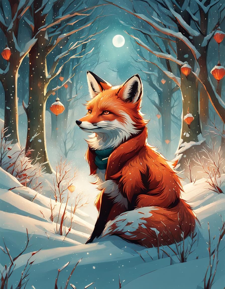 Fox with Beanie in Winter Landscape Art