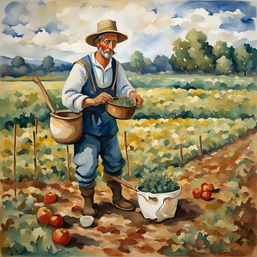 Johnny Appleseed Planting Seeds as Gouache Painting