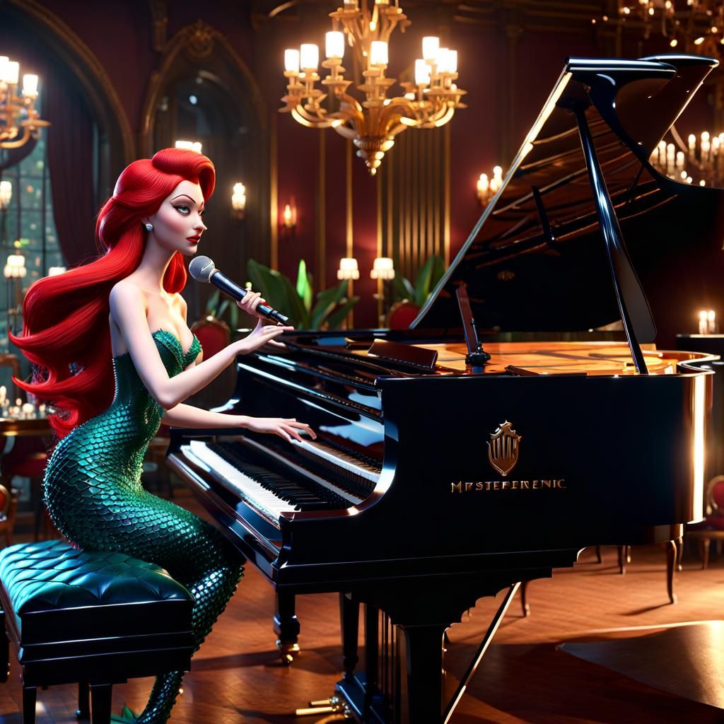Cartoon Woodpecker Plays Piano for Mermaid, 3D Render
