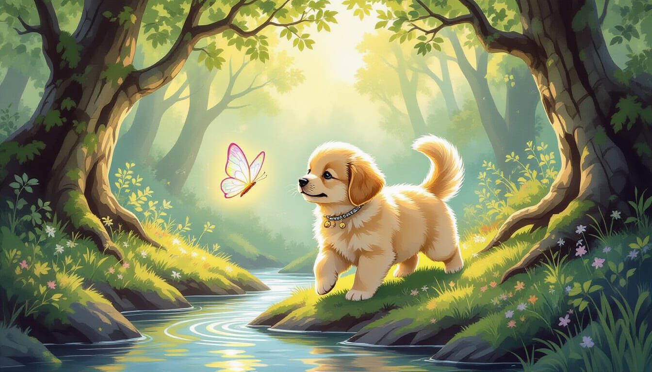 Puppy's Enchanted Forest Butterfly Chase: Watercolor Art