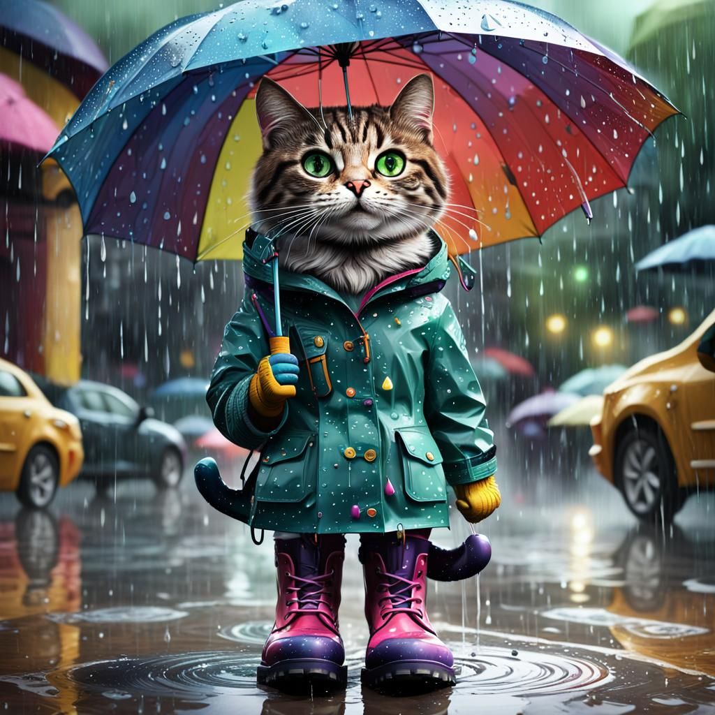 Cat in Rain Boots with Umbrella: Hyperrealistic Concept Art
