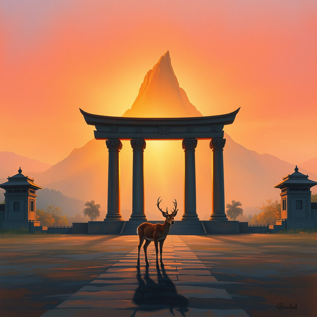 Deer at Temple Gate in Sunset Gouache Landscape