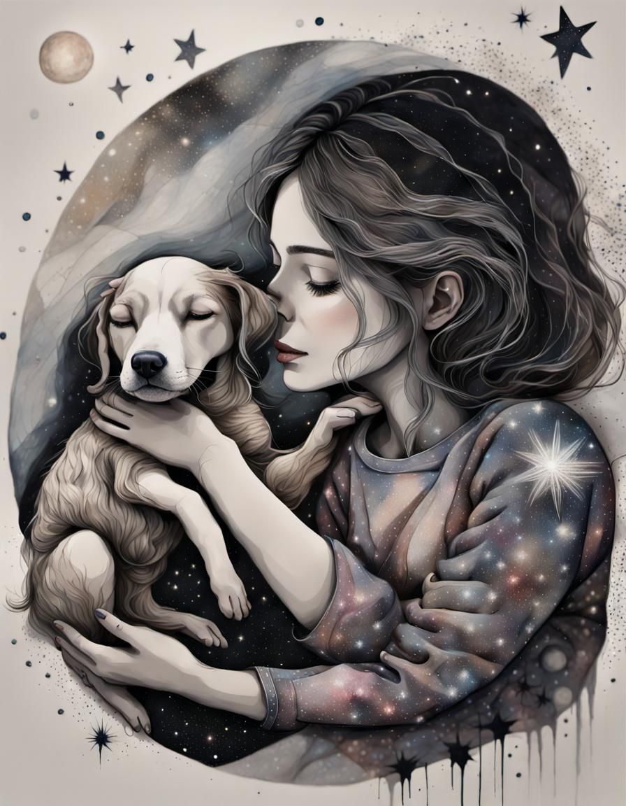 Space Dog Portrait in Mixed Media Art