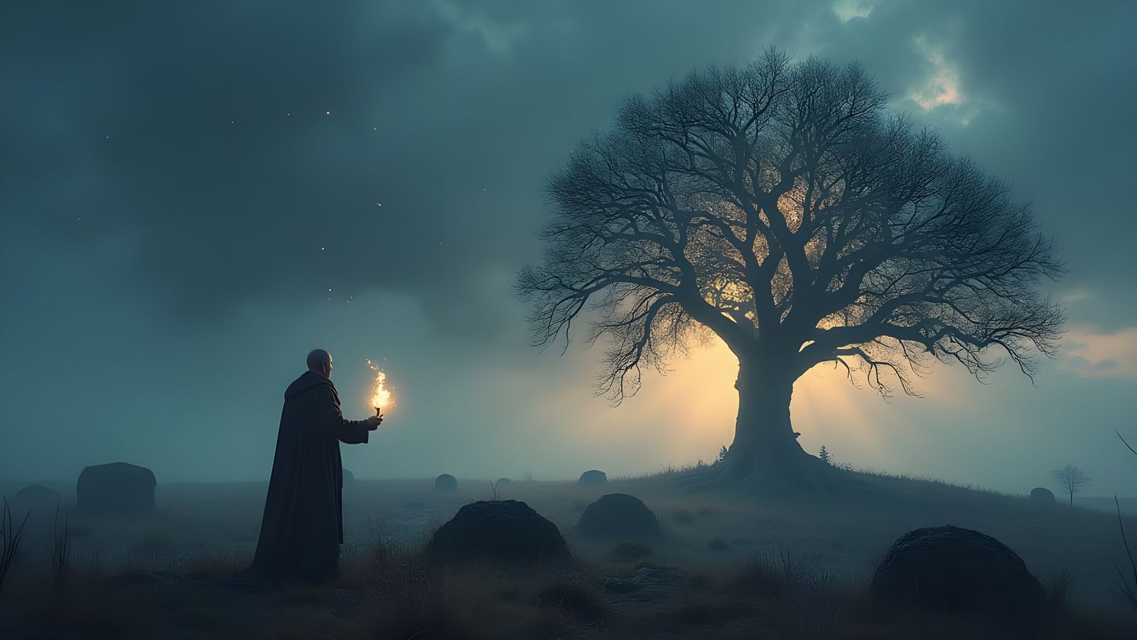 Nordic Twilight Landscape with Ghostly Souls and Glowing Run...