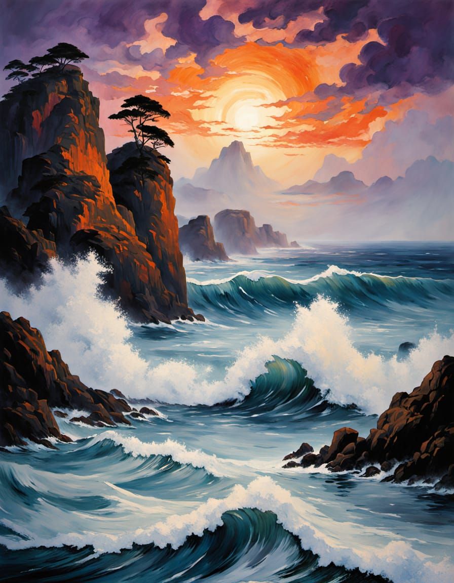 Majestic Ocean Cove in a Vibrant, Impressionist Style