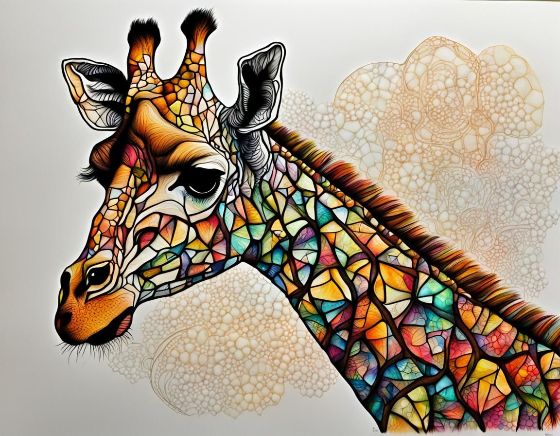 Intricate Giraffe in Vibrant Fractal Zentangle Style
