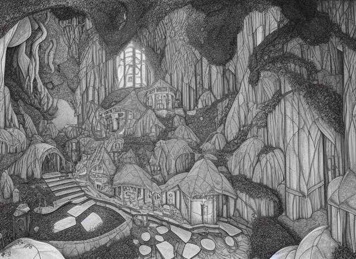 Magical Elven Headquarters in Mountain Cave, Escher Sketch
