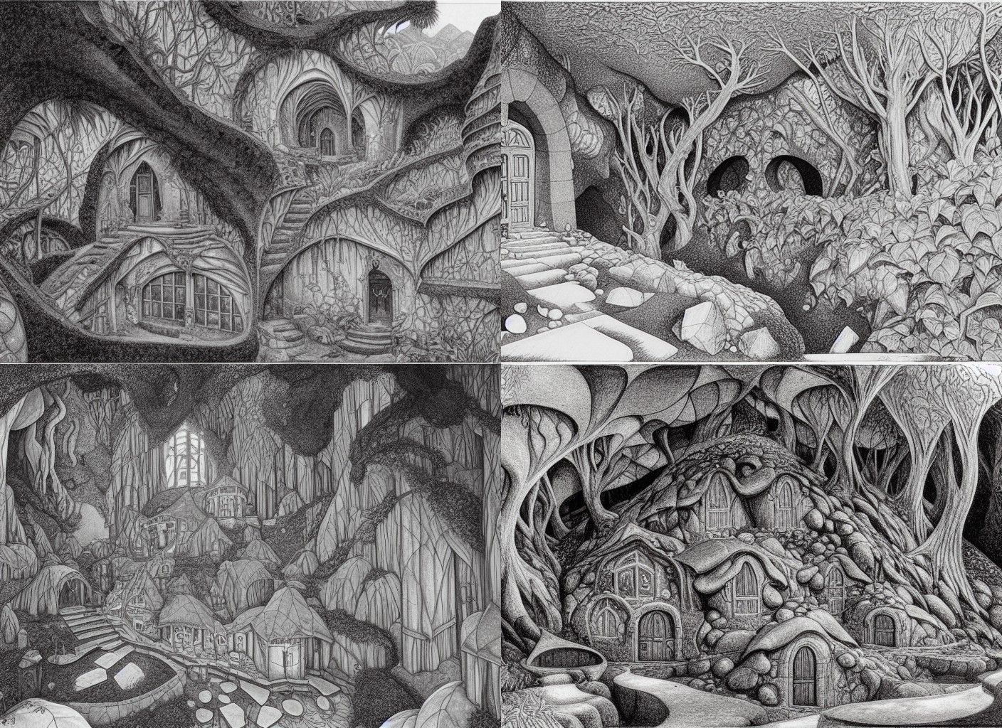 Elven Headquarters Inside Mountain Cave as Escher Sketch
