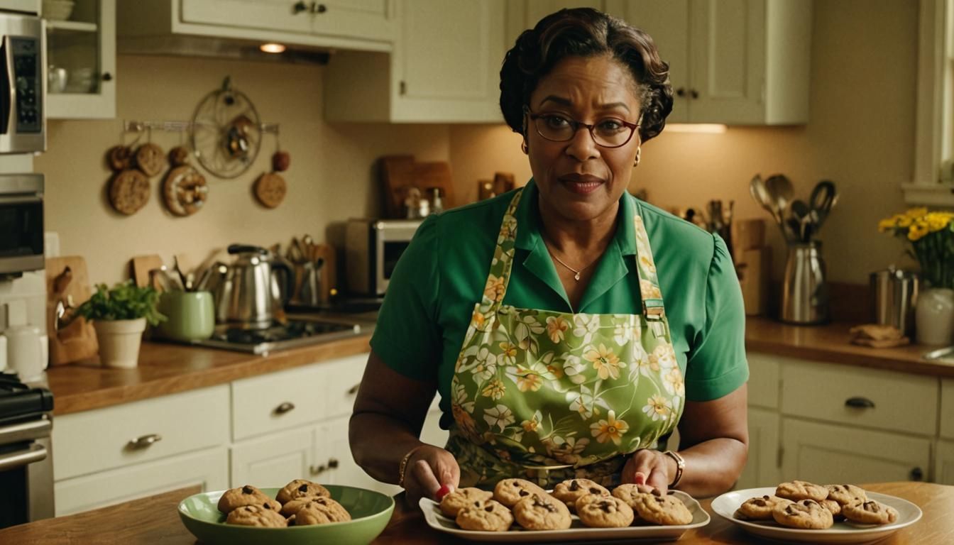 Warm Kitchen Scene with Woman Offering Cookies