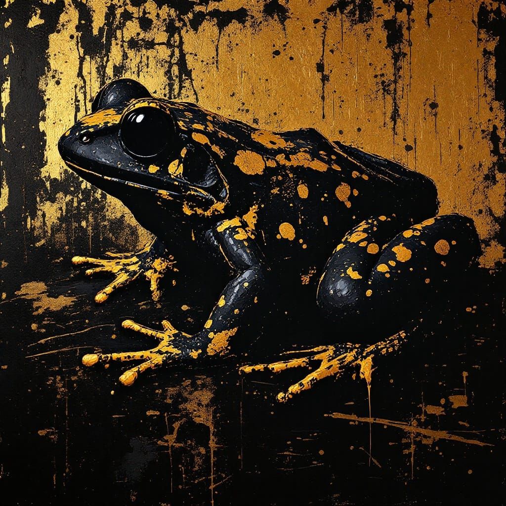 Matte Black Frog with Golden Highlights in Grunge Style