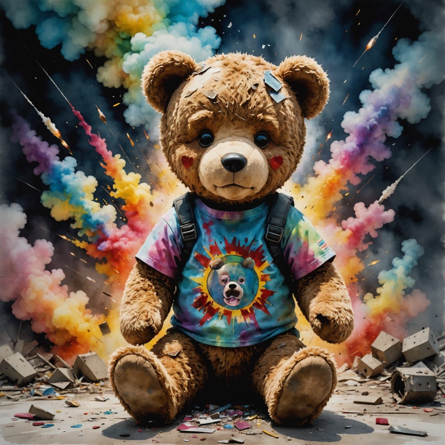 Damaged Teddy Bear Amidst Atomic Blast
