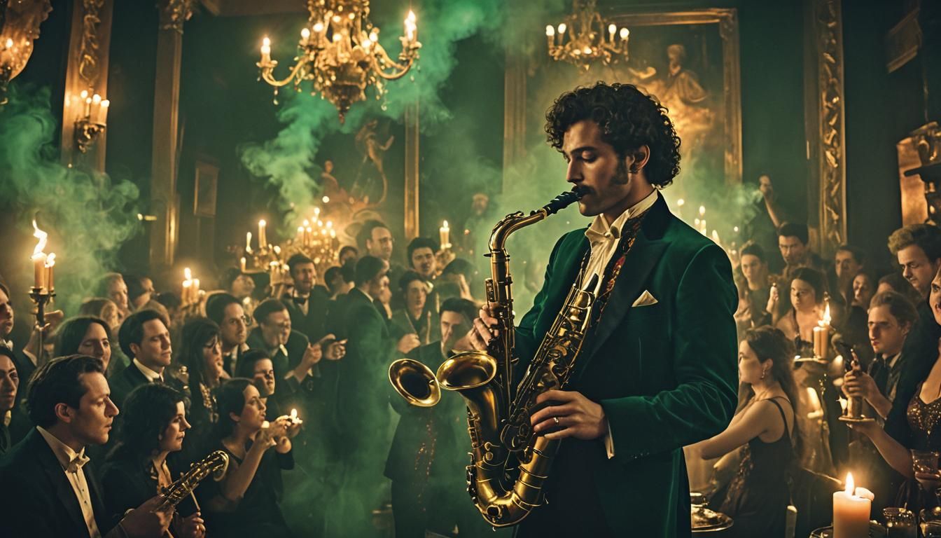 Saxophone Player in Opulent Dark Fantasy Club