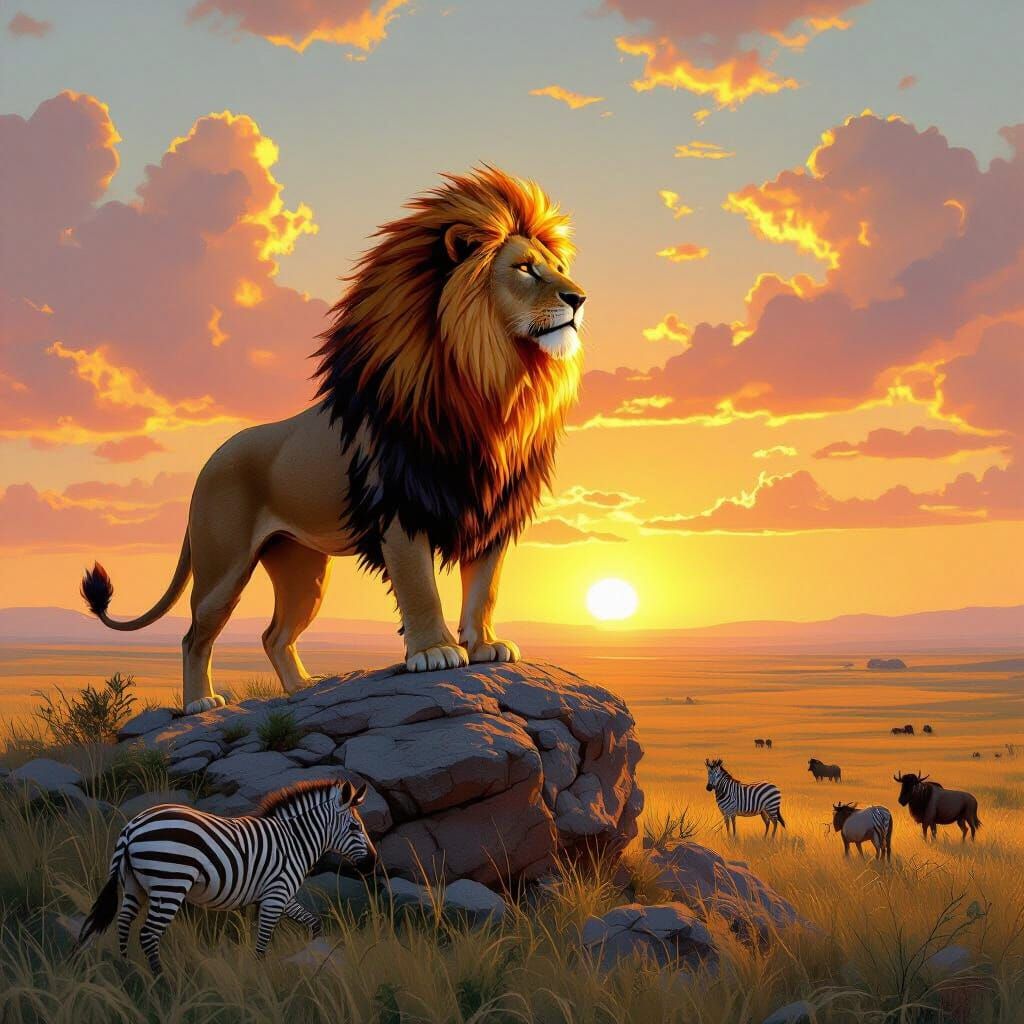 Fiery Lion on Savannah, Fantasy Art