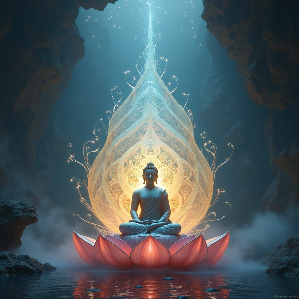 Serene Buddha in a Mystical, Futuristic Temple