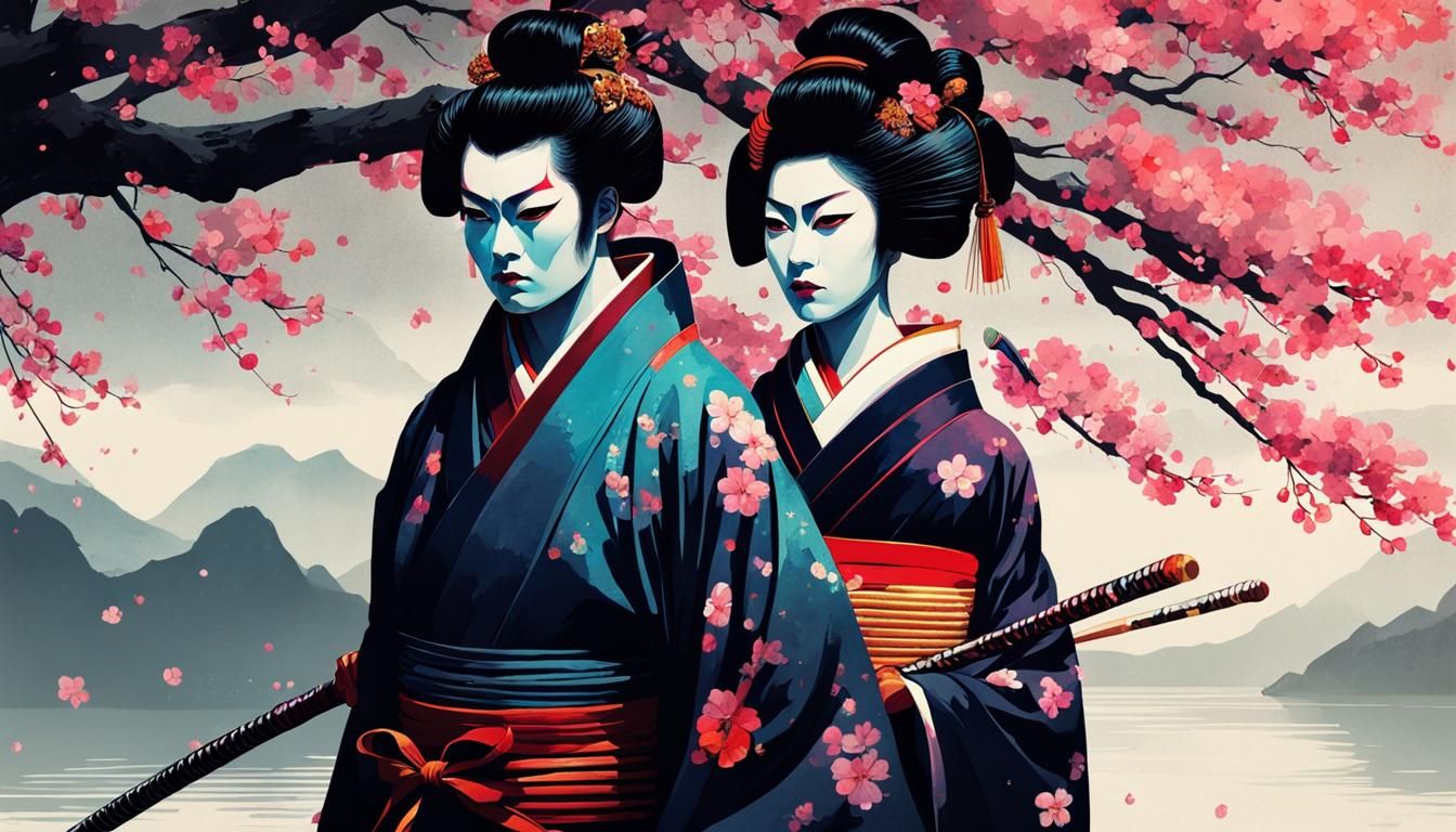 Kabuki Samurai vs Geisha in Cherry Blossom Spring