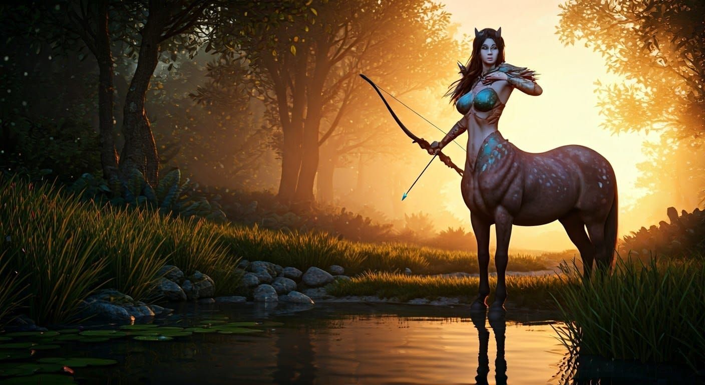 Centaur Archer in Mystical Forest, Hyper-Realistic Style